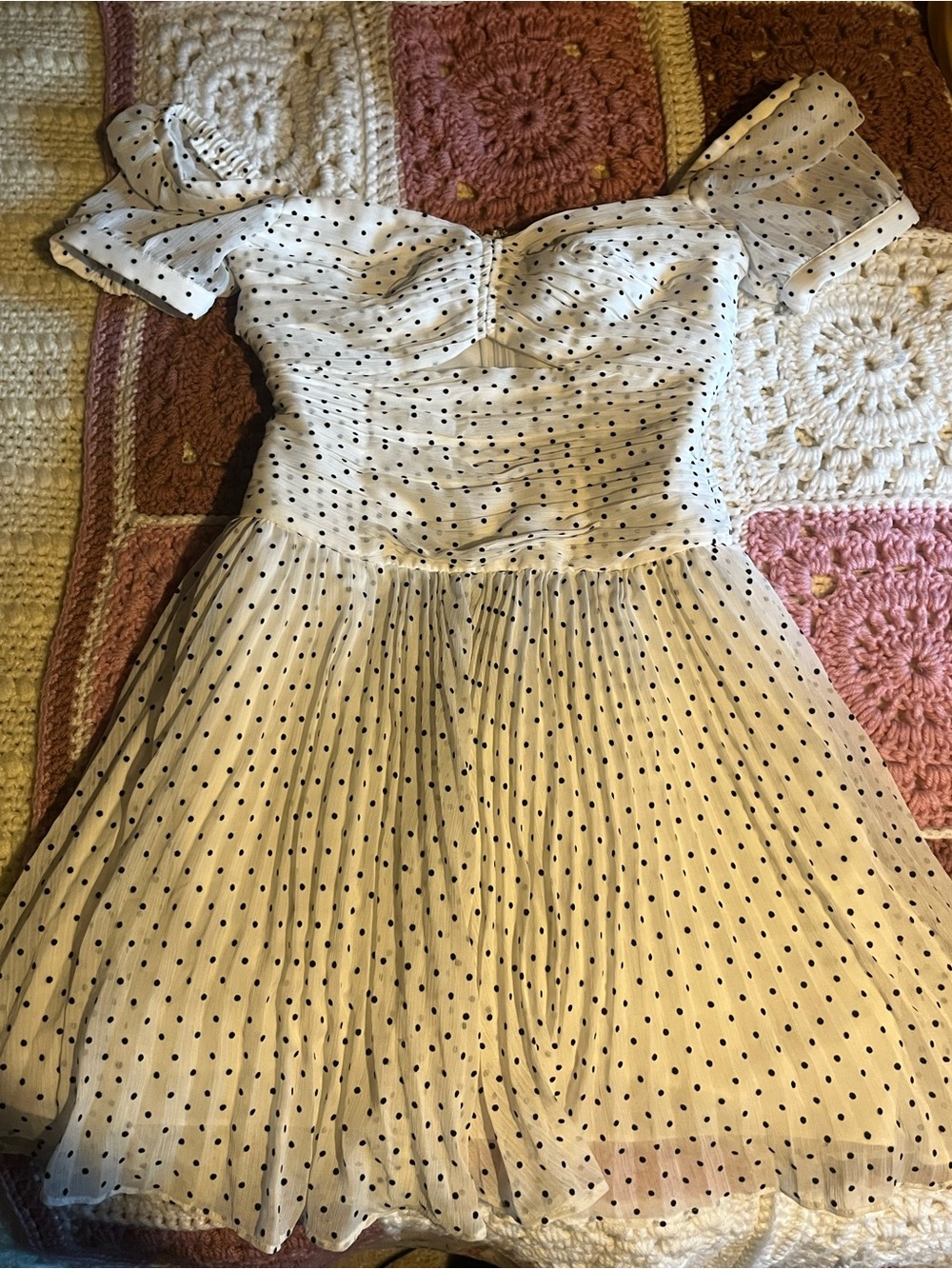 Self-Portrait White Dress with Black Polka Dots - Off-Shoulder Pleated Skirt